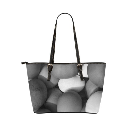 Chicken Eggs in Black and White Leather Tote Bag/Small (Model 1651)