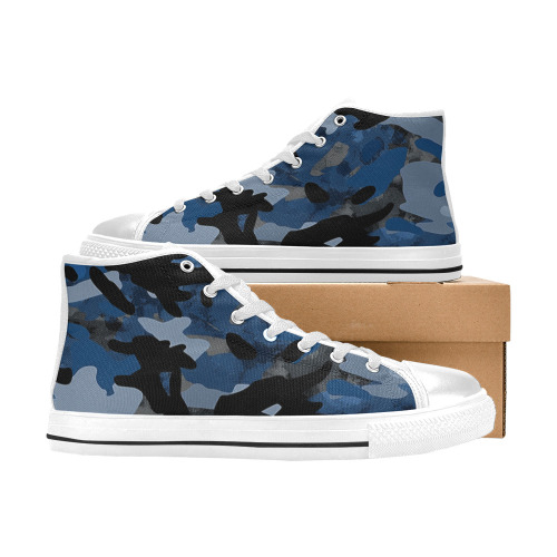 blue camo on white High Top Canvas Shoes for Kid (Model 017)