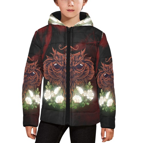 Awesome owl with flowers Kids' Padded Hooded Jacket (Model H45)