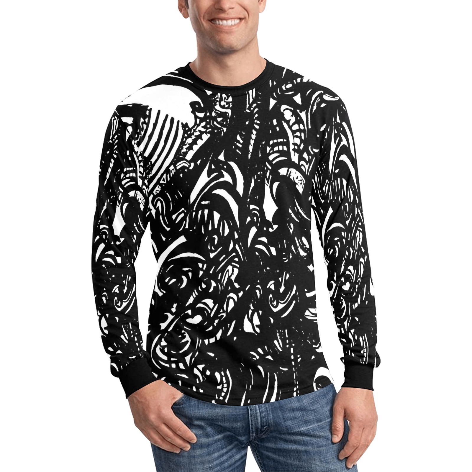 Black and white Abstract graffiti Clothing Line Men's All Over Print Long Sleeve T-shirt (Model T51)