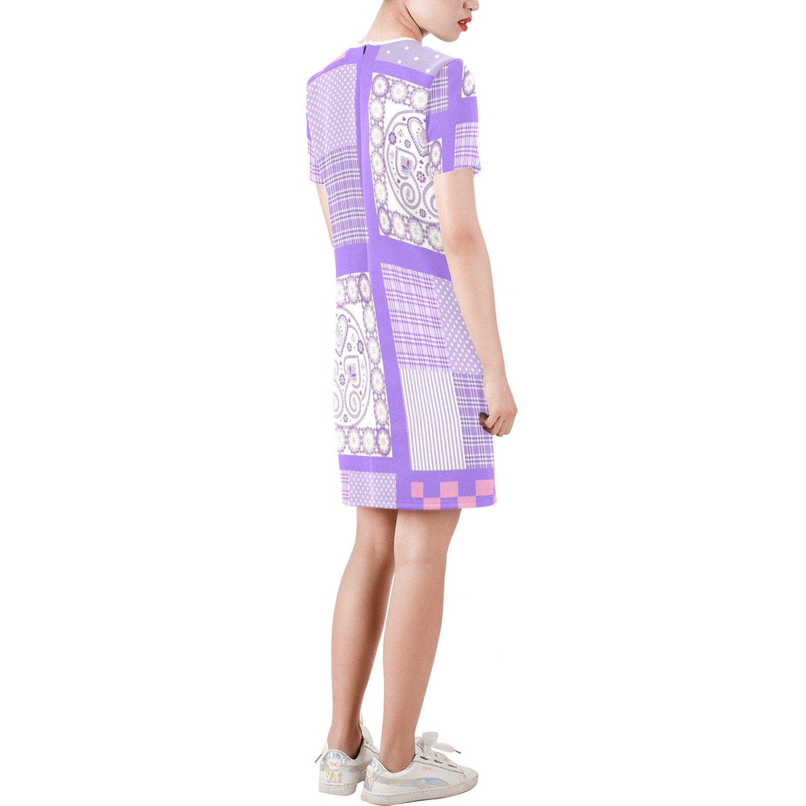 Pink and Purple Patchwork Design Short-Sleeve Round Neck A-Line Dress (Model D47)