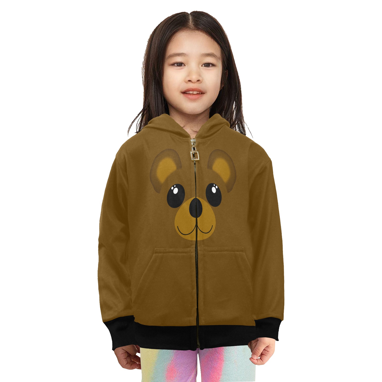 Kawaii Brown Bear Little Girls' Zip Up Hoodie (Model H58)