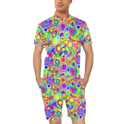 Groovy Hearts and Flowers Men's Short Sleeve Jumpsuit