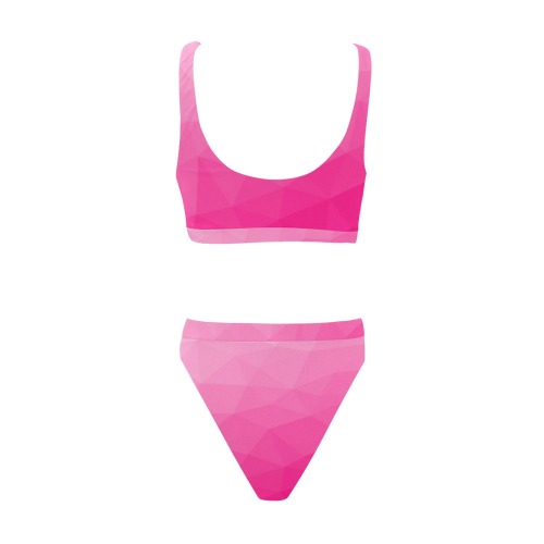 Hot pink gradient geometric mesh pattern Sport Top & High-Waisted Bikini Swimsuit (Model S07)