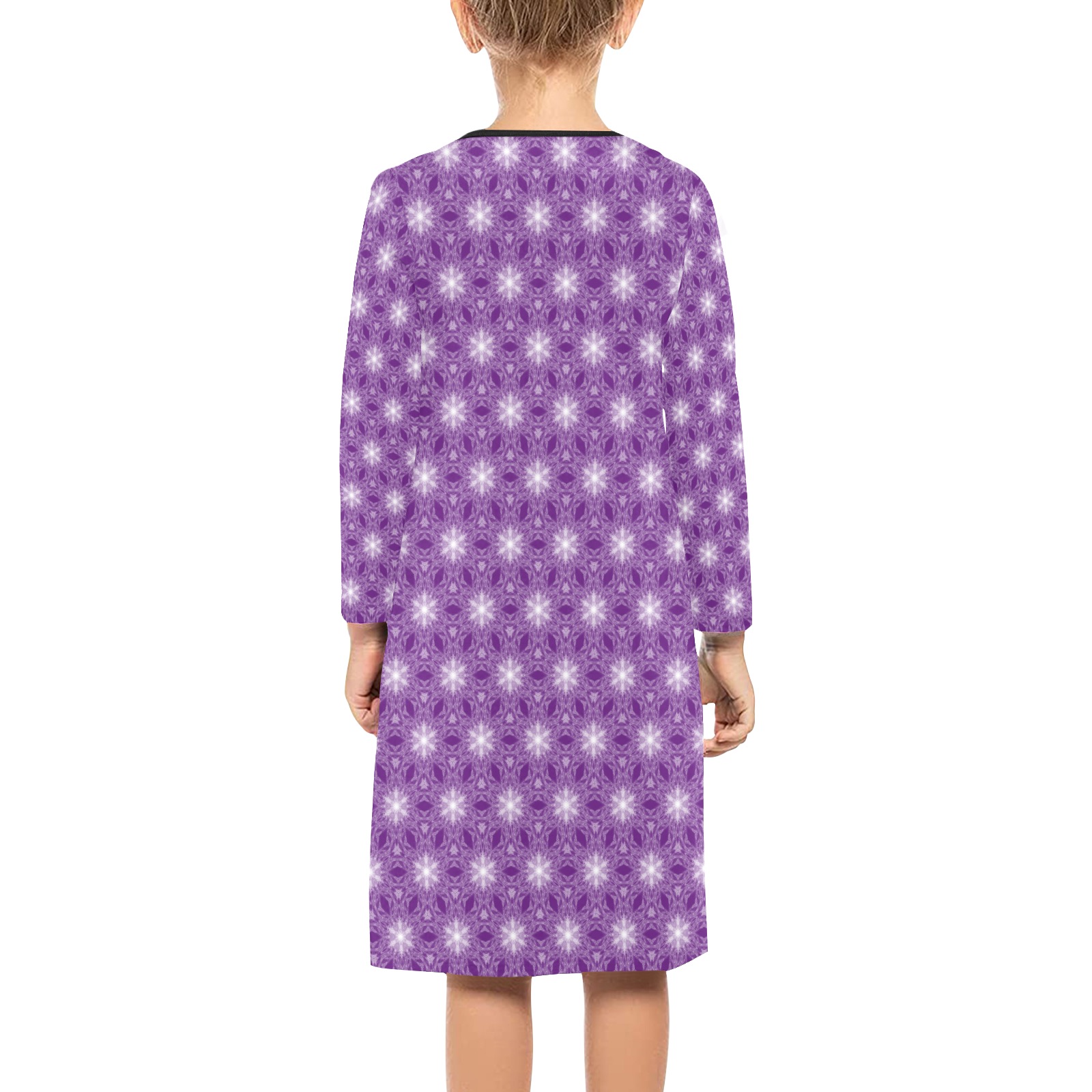 Ô Fractal Snowflake Pattern on Purple Girls' Long Sleeve Dress (Model D59)