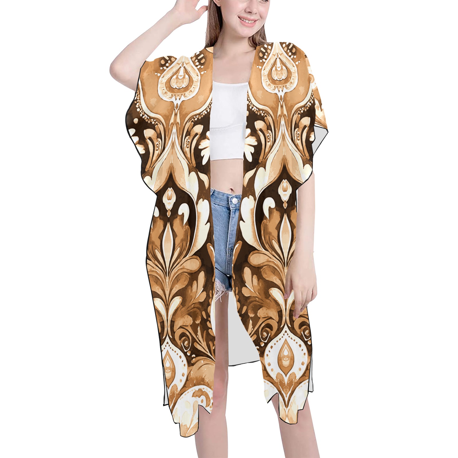 Western Embossed Leather Look Mid-Length Side Slits Chiffon Cover Ups (Model H50)