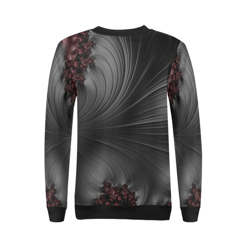 Black and Maroon Fern Fronds Fractal Abstract All Over Print Crewneck Sweatshirt for Women (Model H18)