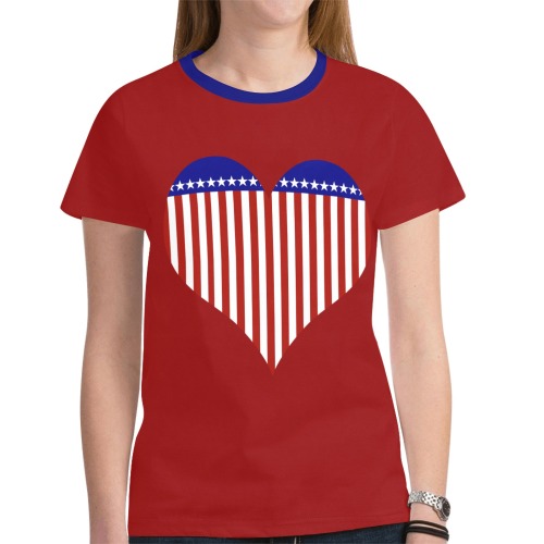 USA Stars and Stripes Heart on Red New All Over Print T-shirt for Women (Model T45)