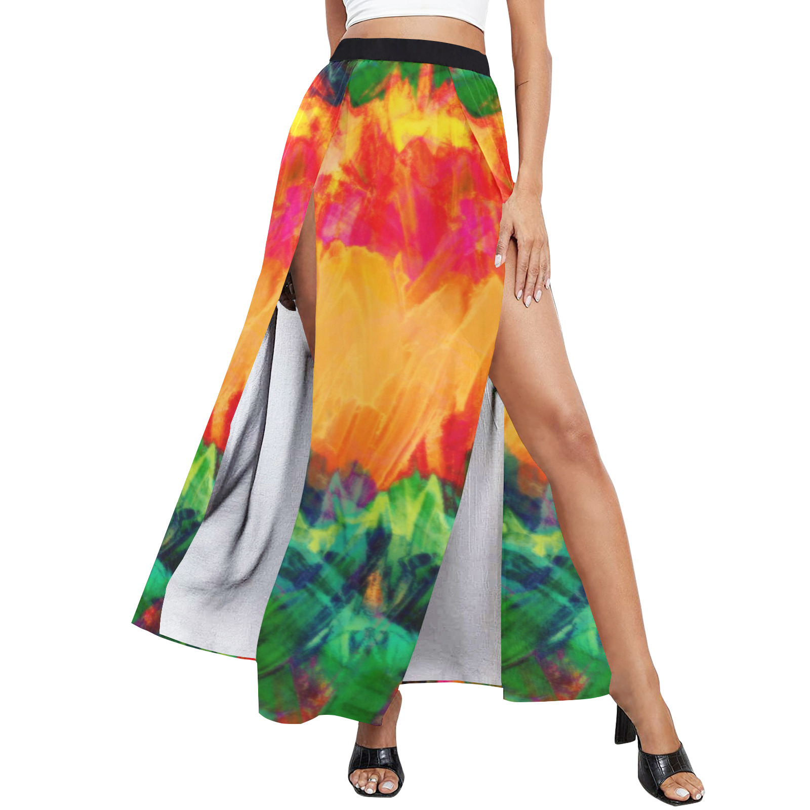 Colorful Painting Bushes Strokes High Slit Long Beach Dress (Model S40)
