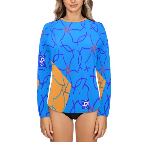 DIONIO Clothing - women's Long Sleeve shirt ( Orange & Blue) Women's Long Sleeve Swim Shirt (Model S39)