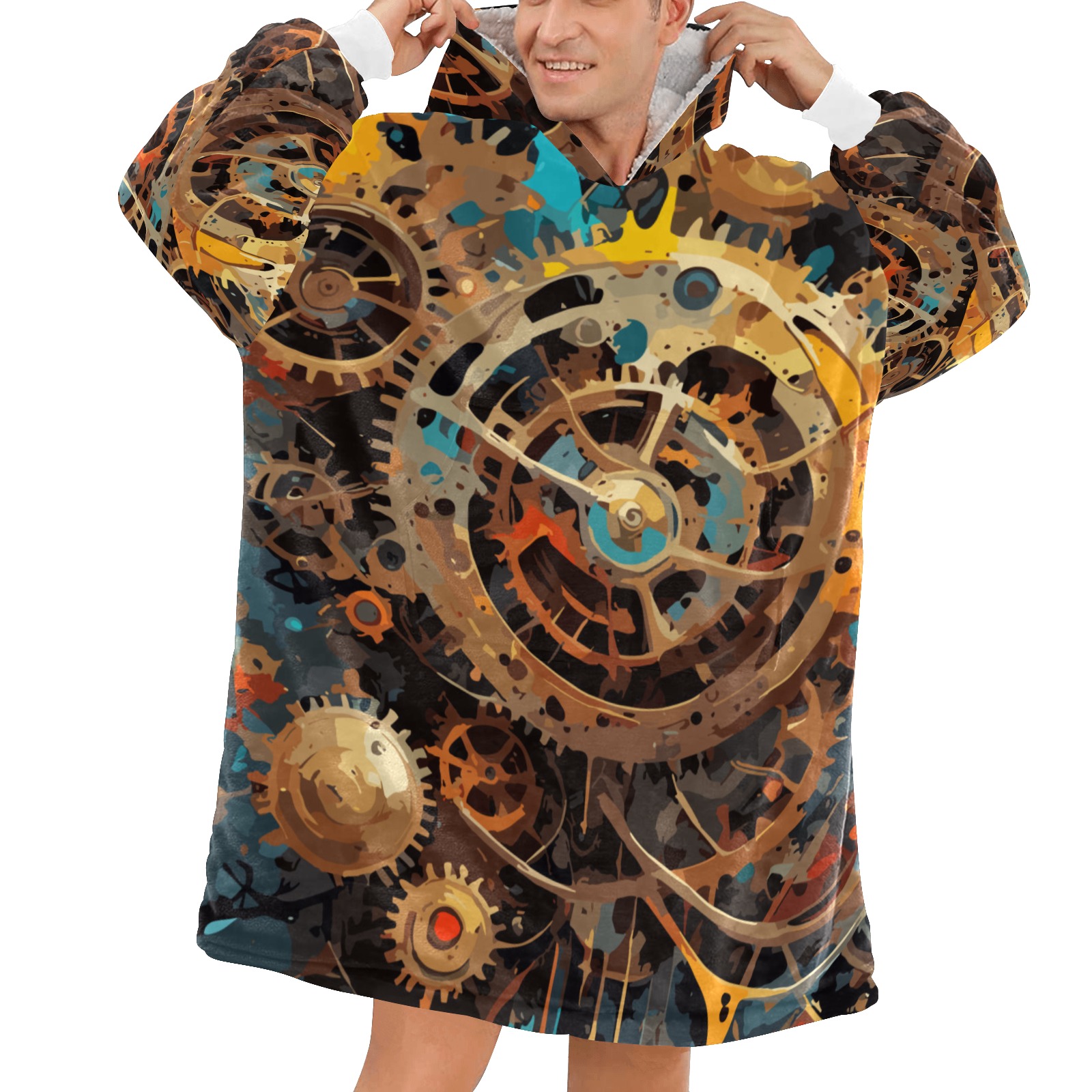 Retro Mechanical Gear Trendy Colorful Abstract Art Blanket Hoodie for Men