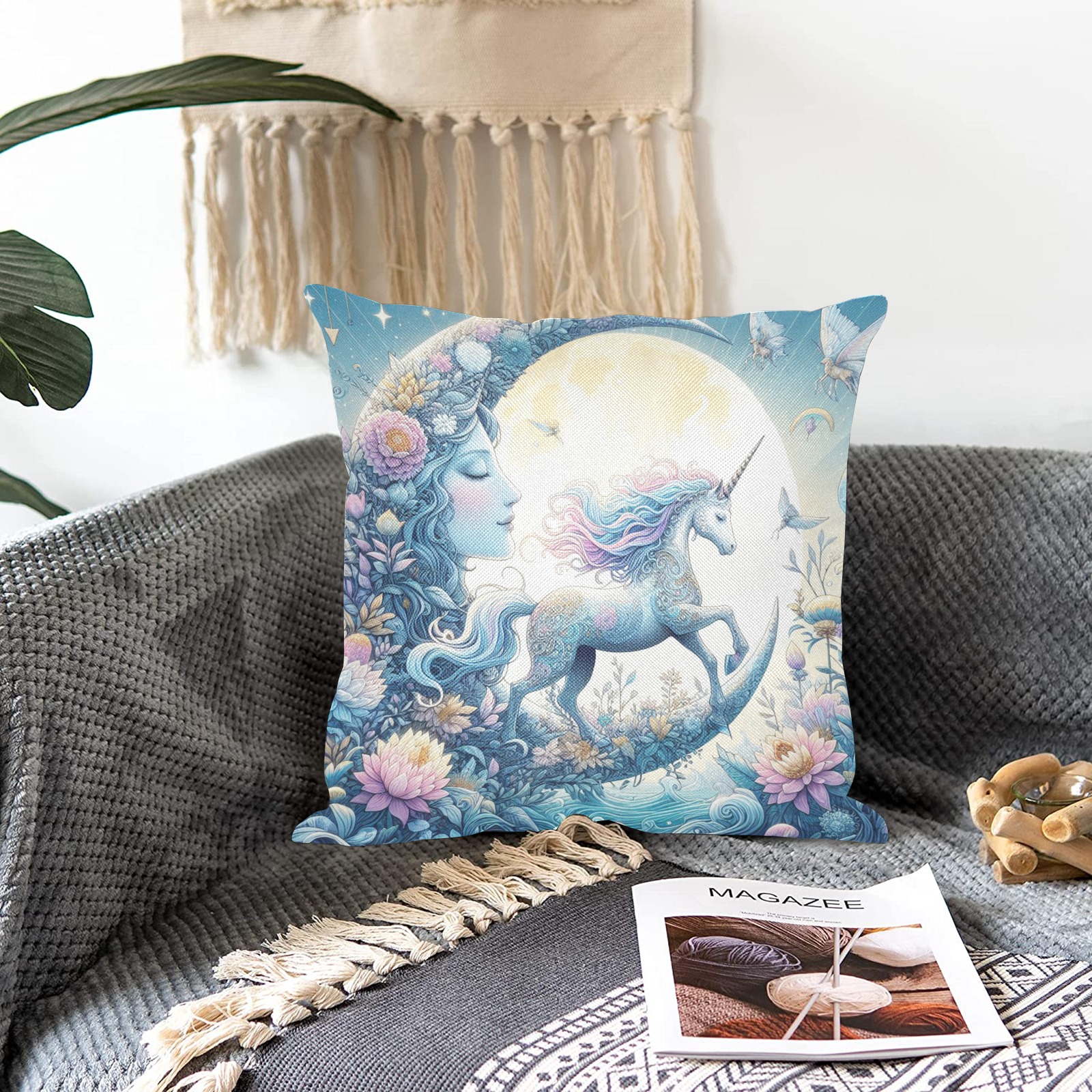 Unicorn And The Moon Linen Zippered Pillowcase 18"x18"(Two Sides)