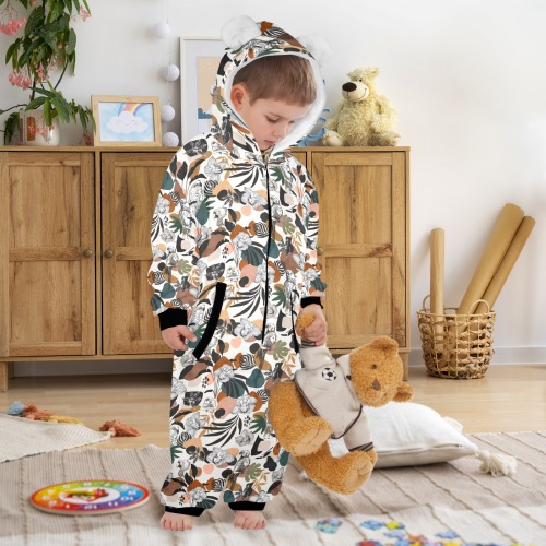 Abstract birds in the jungle 23F One-Piece Zip up Hooded Pajamas for Little Kids
