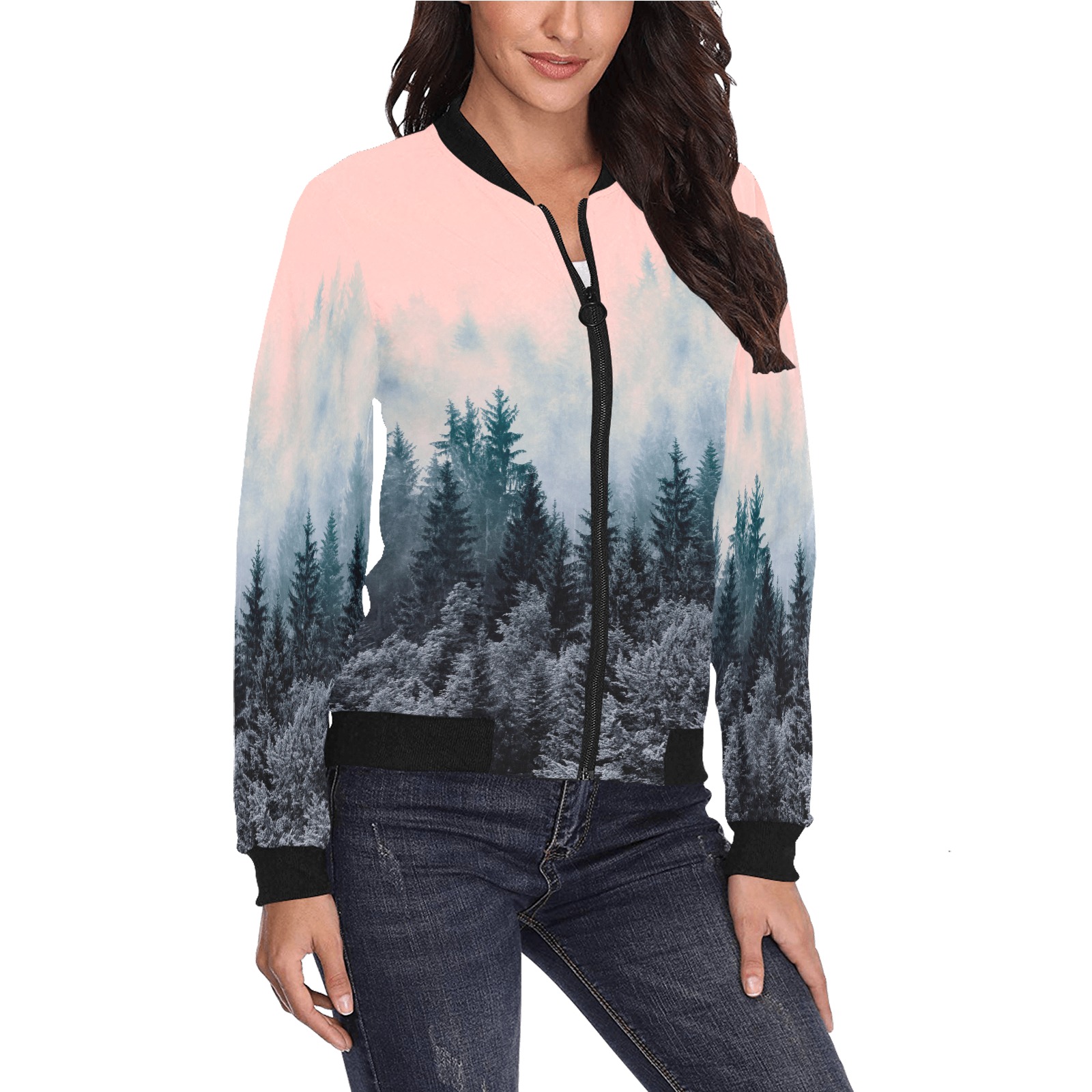 Forest in gray and pink All Over Print Bomber Jacket for Women (Model H36)