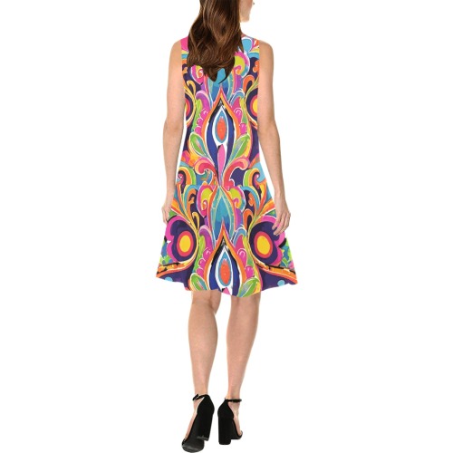 Abstract Retro Hippie Floral Paisley Sleeveless Splicing Shift Dress(Model D17)