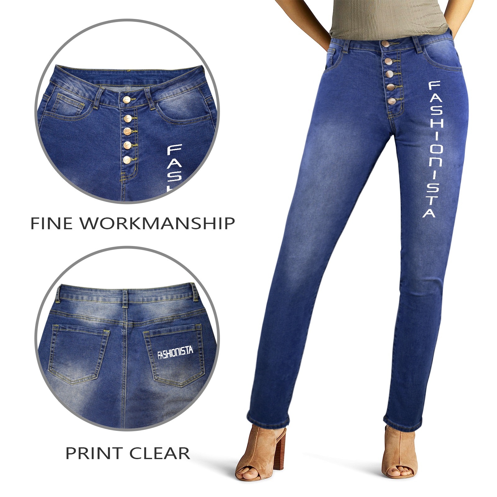 Fashionista elegant white horizontal text. Women's Jeans (Front&Back Printing)