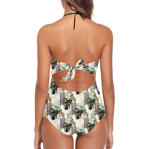 Leopard and palms Lace Halter Style One PieceSwim Suit Lace Band Embossing Swimsuit (Model S15)