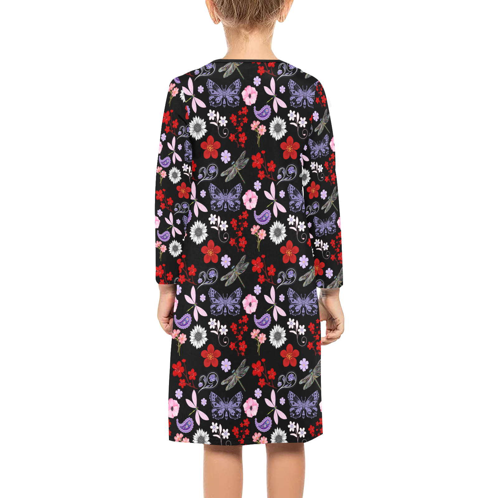 Black, Red, Pink, Purple, Dragonflies, Butterfly and Flowers Design Girls' Long Sleeve Dress (Model D59)