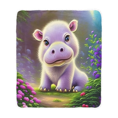 Baby Hippo Pom Pom Fringe Blanket 50"x60"