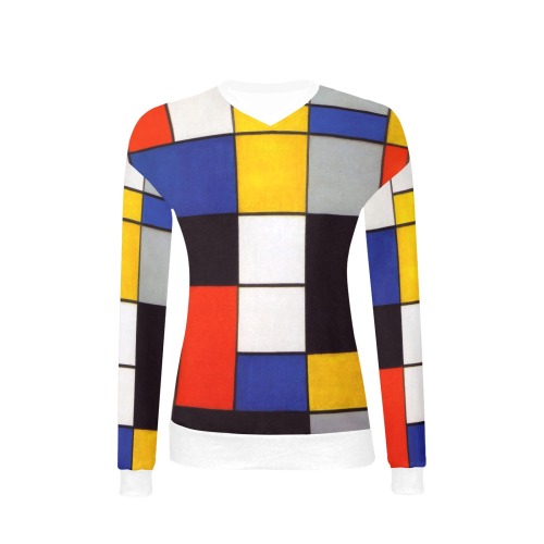 Composition A by Piet Mondrian Women's All Over Print V-Neck Sweater (Model H48)