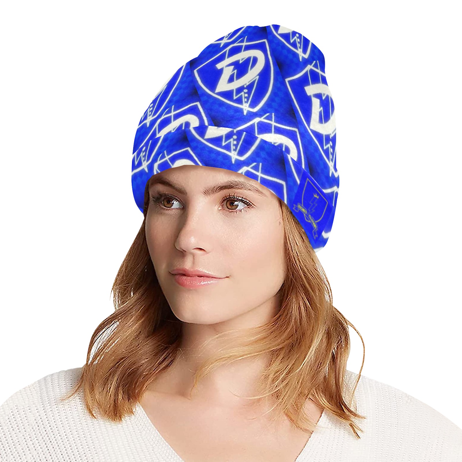 DIONIO Clothing - Blue & White D Shield Repeat Beanie Hat All Over Print Beanie for Adults