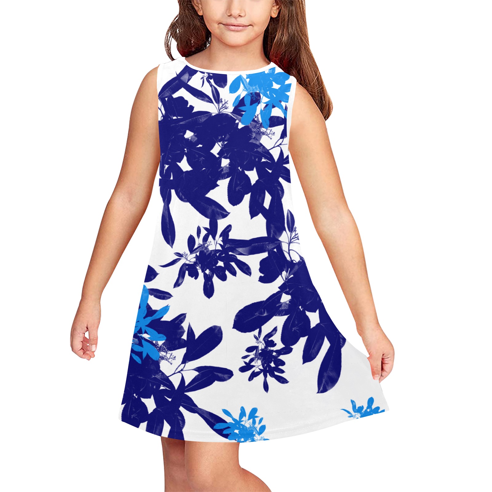 Light Blue and Navy Botanical Girls' Sleeveless Dress (Model D58)