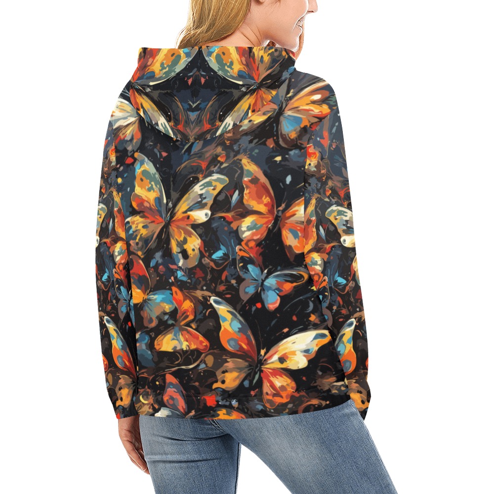 Butterflies in flight abstract art on dark. All Over Print Hoodie for Women (USA Size) (Model H13)