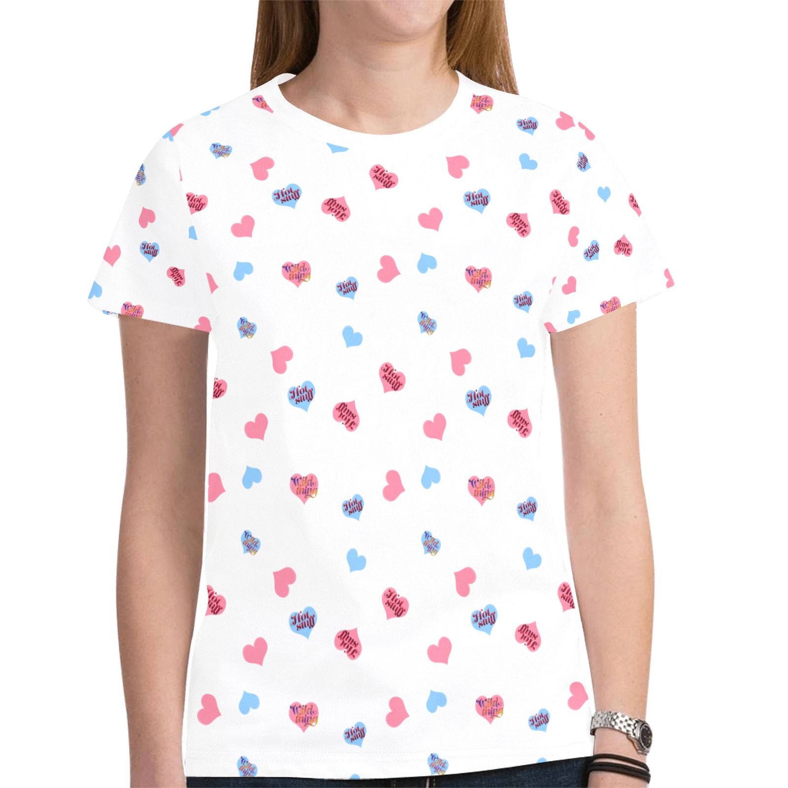 Pink-Blue Hearts-Wild Thing-Hot Stuff New All Over Print T-shirt for Women (Model T45)
