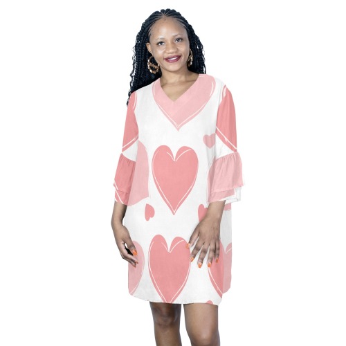 heart print Half Sleeves V-Neck Mini Dress (Model D63)