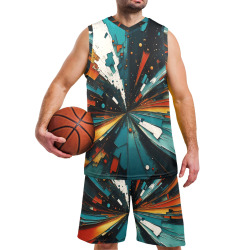 Abstract Blue And Orange 607 Men's V-Neck Basketball Uniform