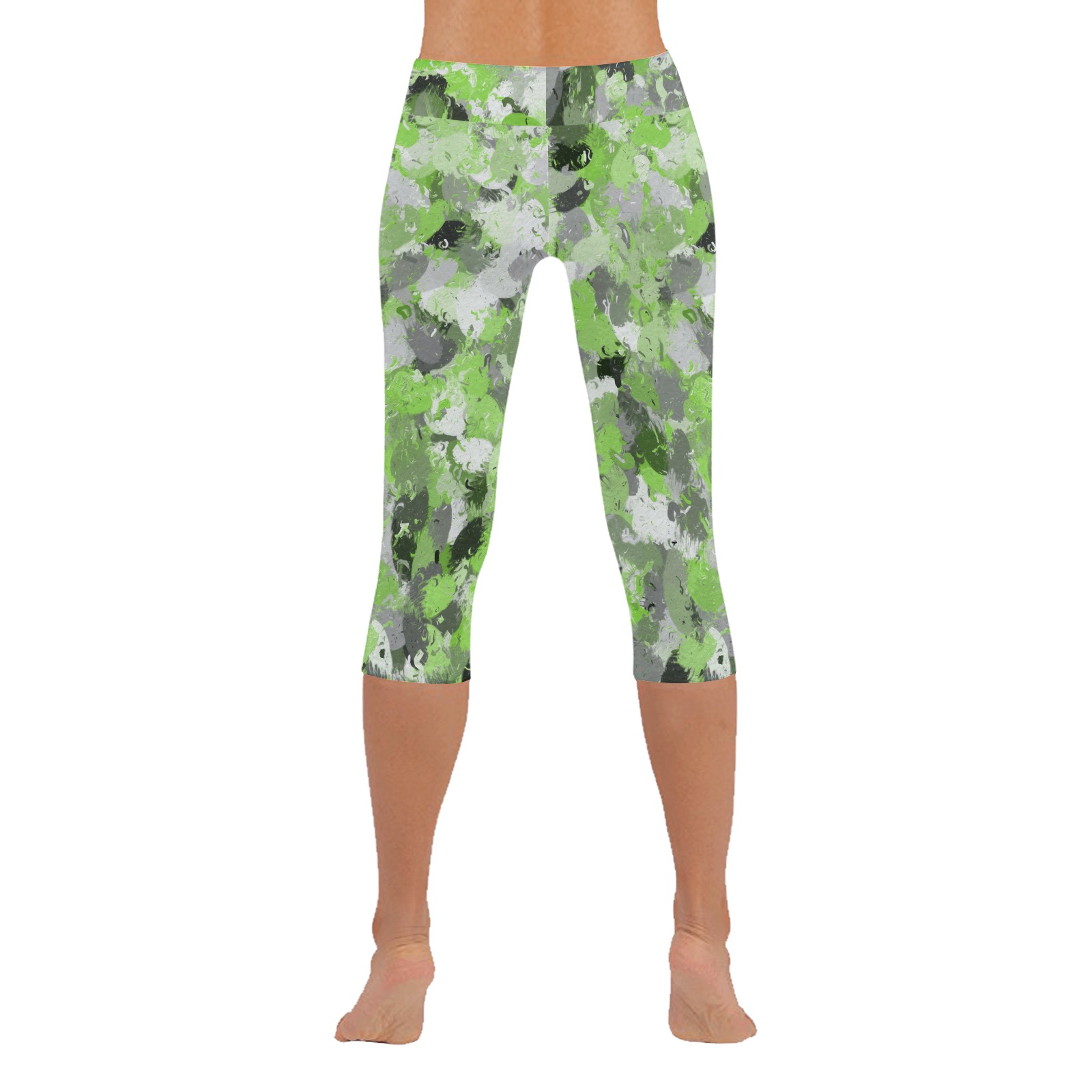 Lime Green and Gray Paintballs Women's Low Rise Capri Leggings (Invisible Stitch) (Model L08)