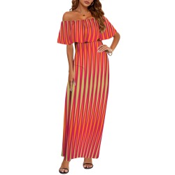 Tribal striped cream orange deep magenta Women's Off Shoulder Ruffle Boat Neck Dress (Model D71)