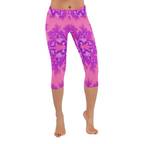 Purple and Pink Hydrangeas Frost Fractal Women's Low Rise Capri Leggings (Invisible Stitch) (Model L08)