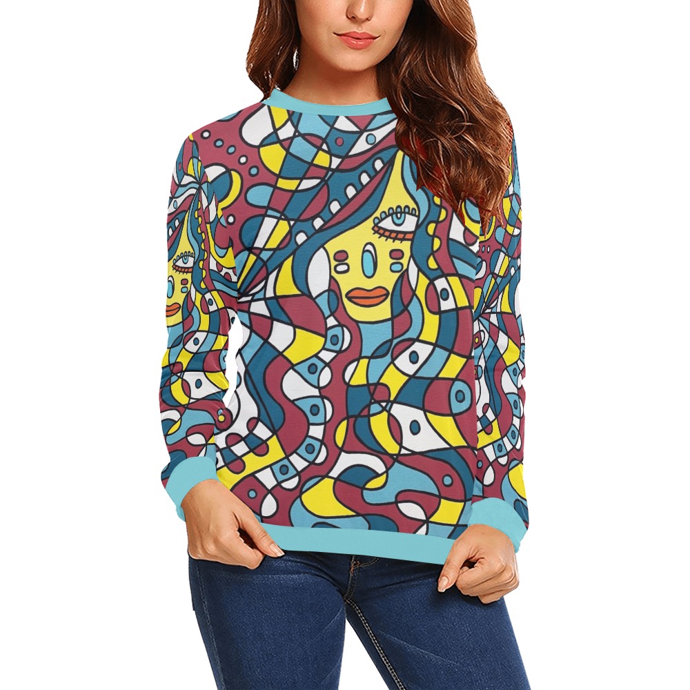 Feisty / Blue All Over Print Crewneck Sweatshirt for Women (Model H18)