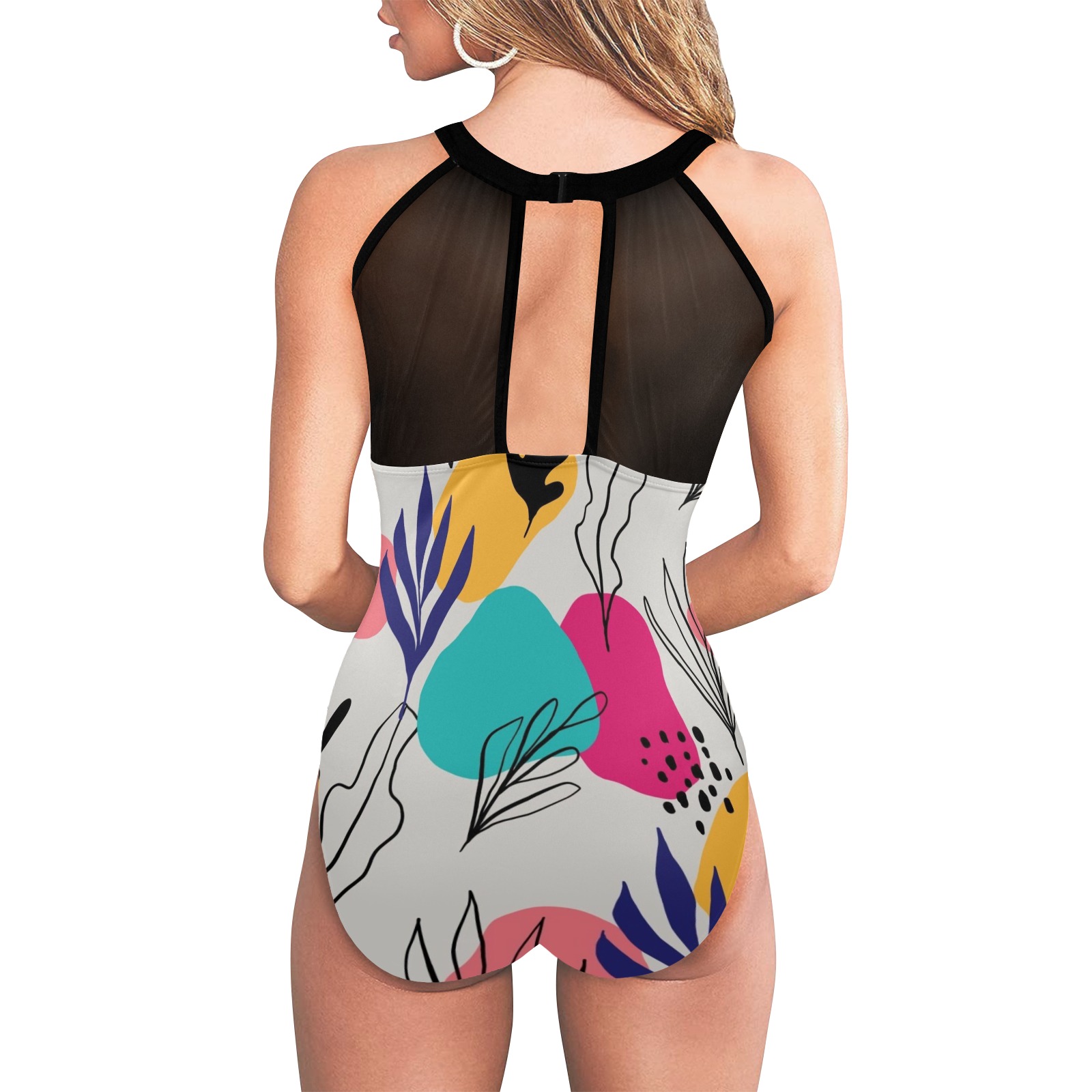 Leaves colorful Collectable Fly Women's High Neck Plunge Mesh Ruched Swimsuit (S43)