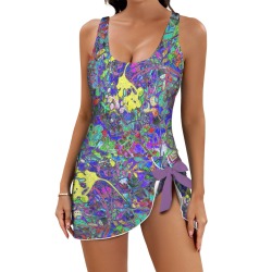 vibrant vintage floral abstract in rainbow colors Women's One Piece Skirted Swimsuit (Model S54)