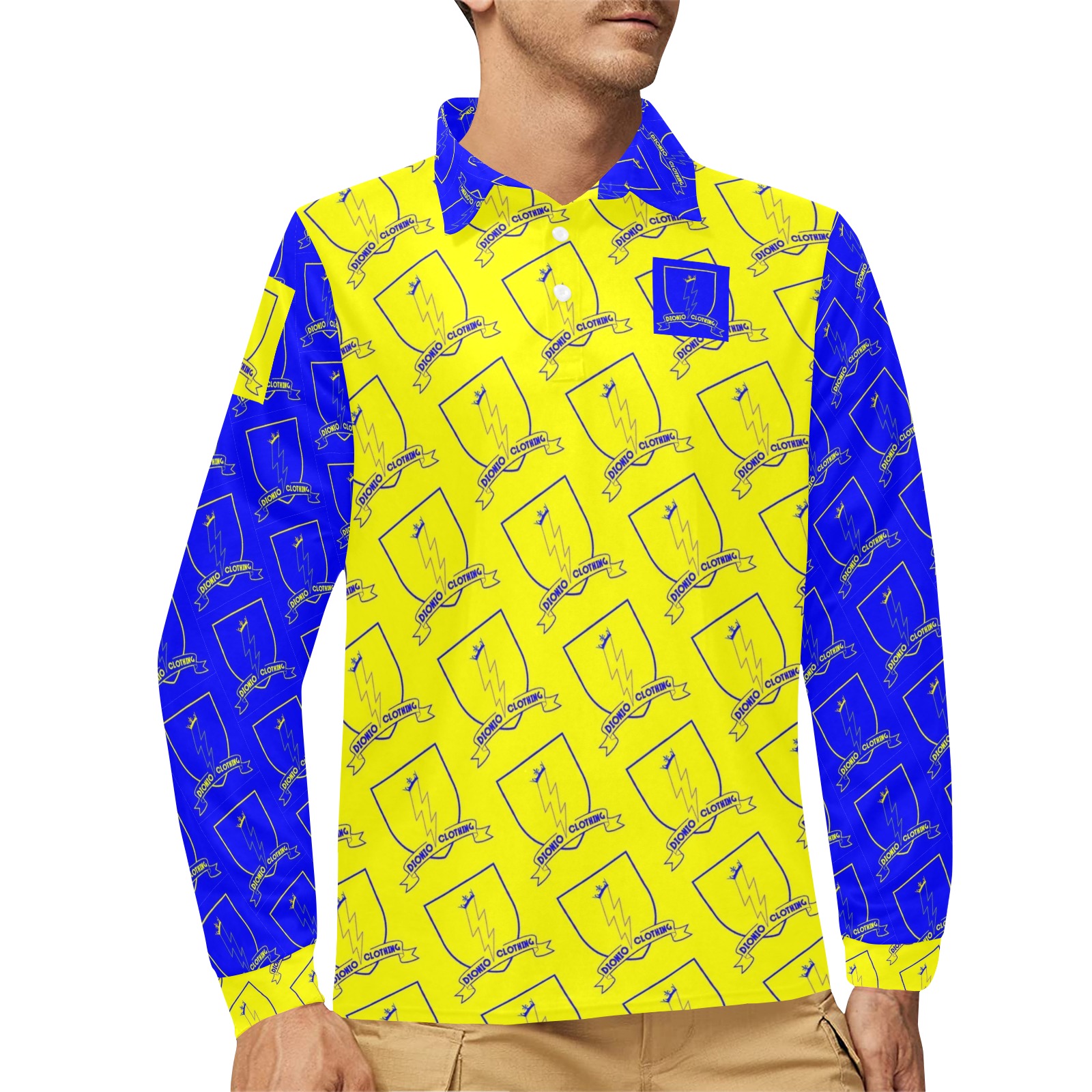 DIONIO Clothing - Lightning Repeat Collab Polo Shirt #1 (Blue & Yellow) Men's Long Sleeve Polo Shirt (Model T73)