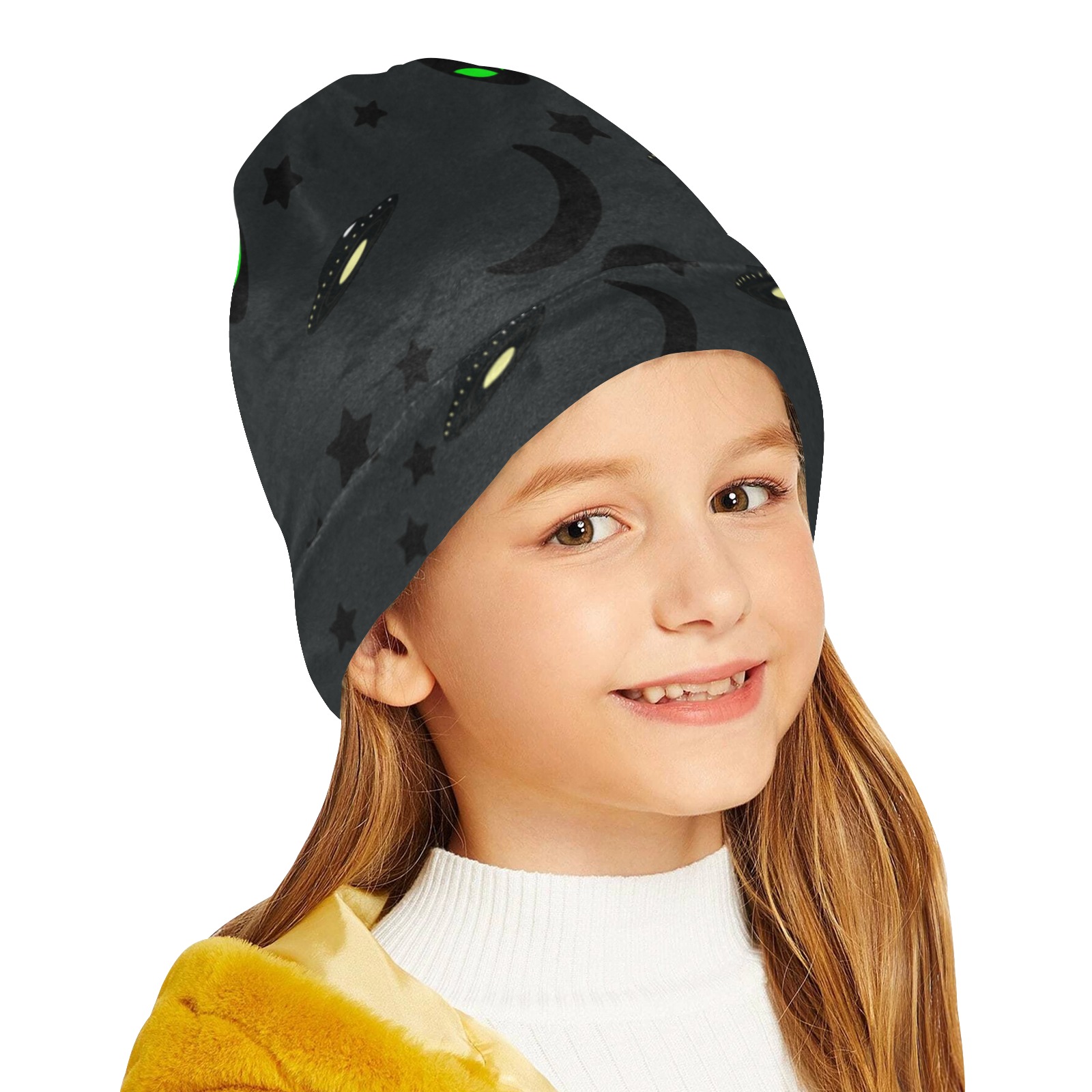 Aliens and Spaceships - Charcoal All Over Print Beanie for Kids