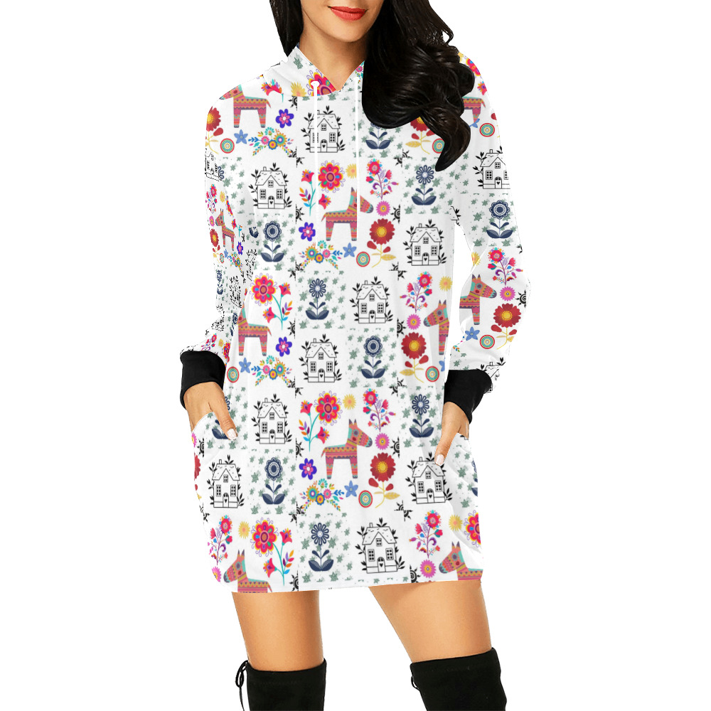 Alpaca Pinata With Blue House and Flowers Pattern All Over Print Hoodie Mini Dress (Model H27)