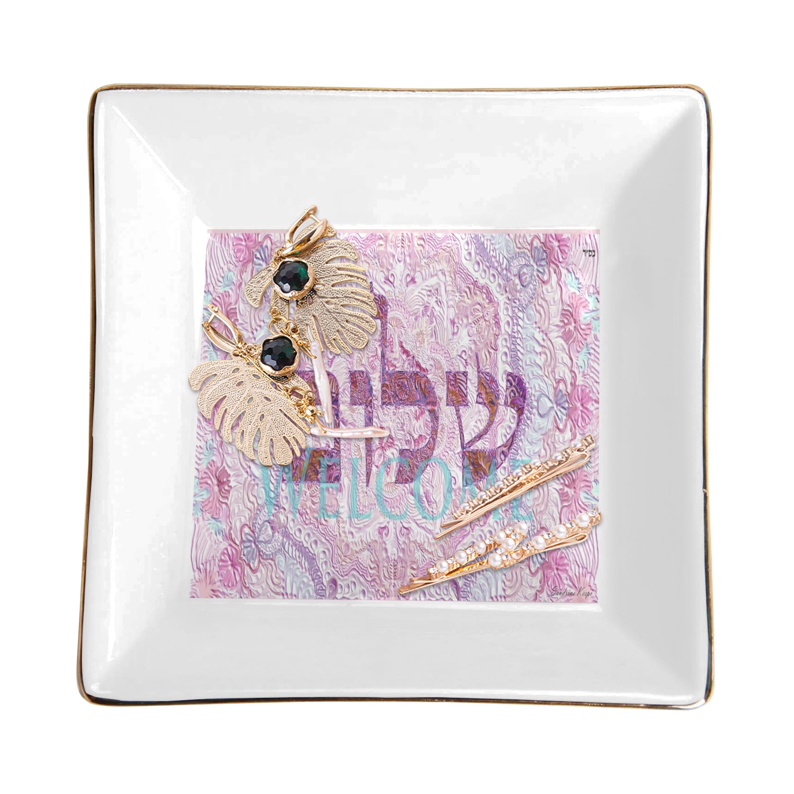 shalom  Welcome pink Square Jewelry Tray with Golden Edge