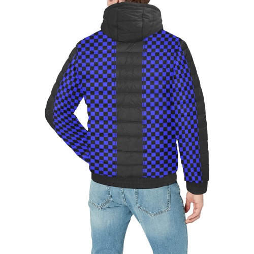 Checkerboard Blue Black Stripe Racing Men's Padded Hooded Jacket (Model H42)
