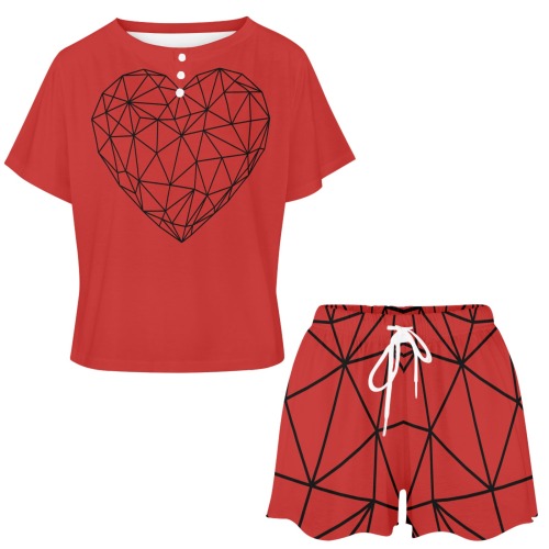 Black Geodesic Heart on Red Women's Mid-Length Shorts Pajama Set