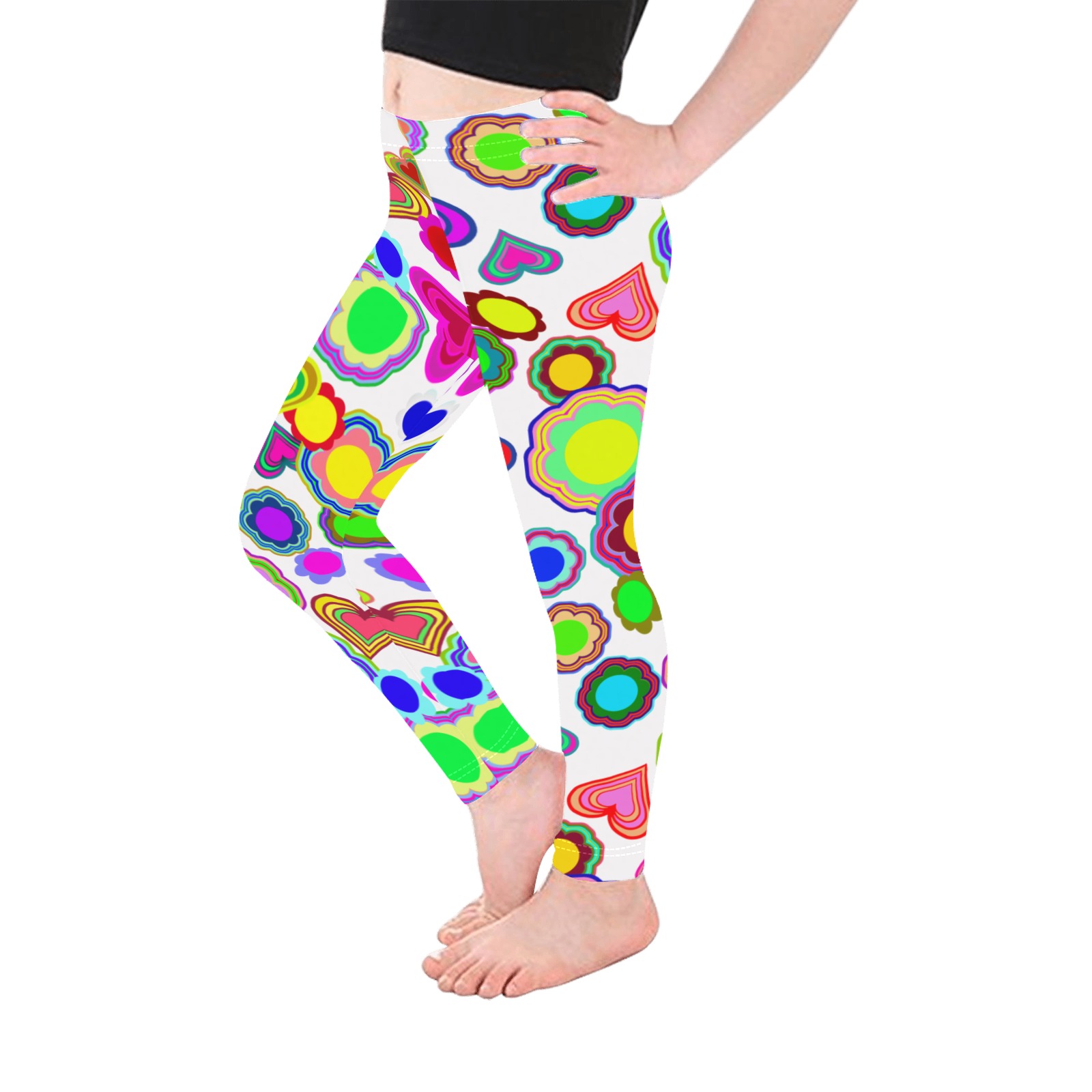 Groovy Hearts and Flowers White Kid's Ankle Length Leggings (Model L06)