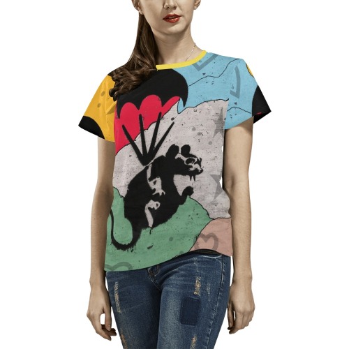 Rat in Love of Banksy Pop Art by Nico Bielow All Over Print T-Shirt for Women (USA Size) (Model T40)