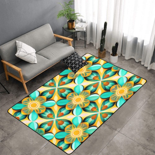 repeating pattern, yellow and lime green Area Rug with Black Binding 7'x5'