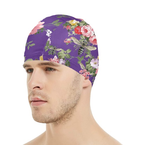 Purple Flora and Bees Swim Cap