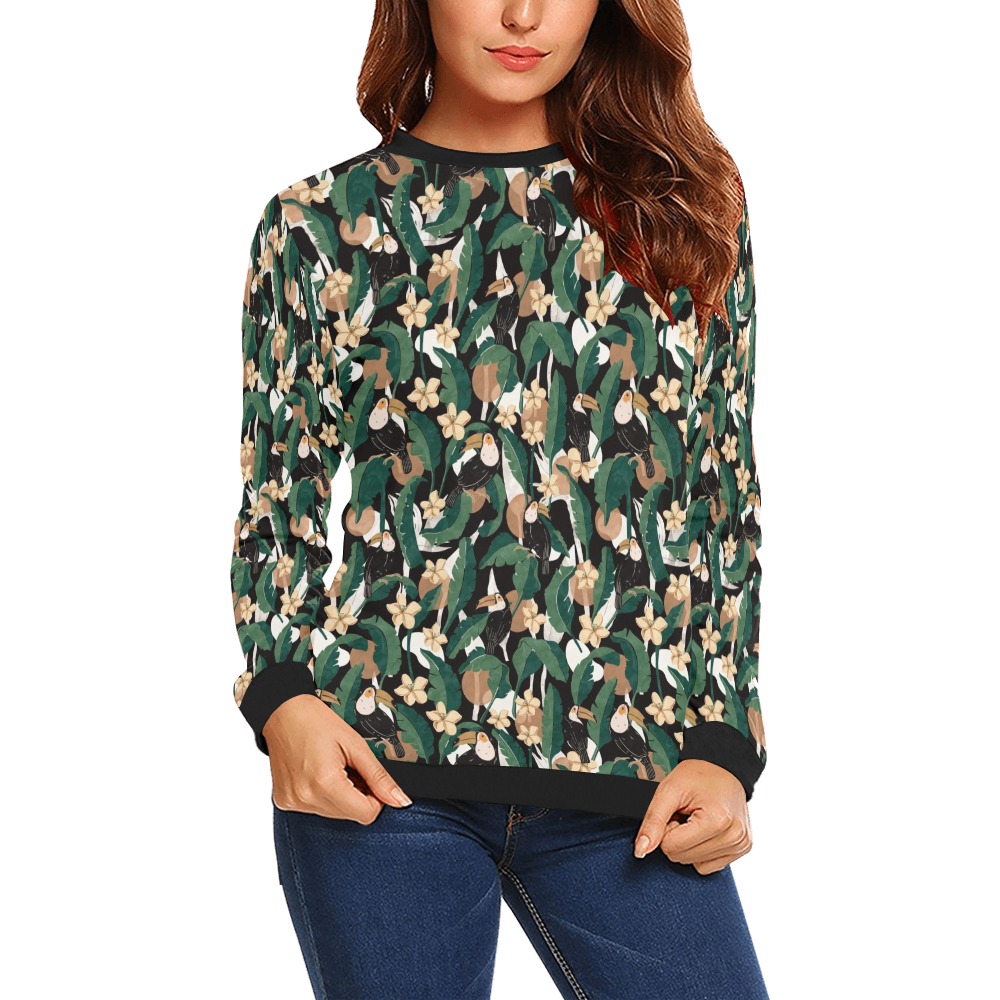 Toucans in banana leaf 55P All Over Print Crewneck Sweatshirt for Women (Model H18)