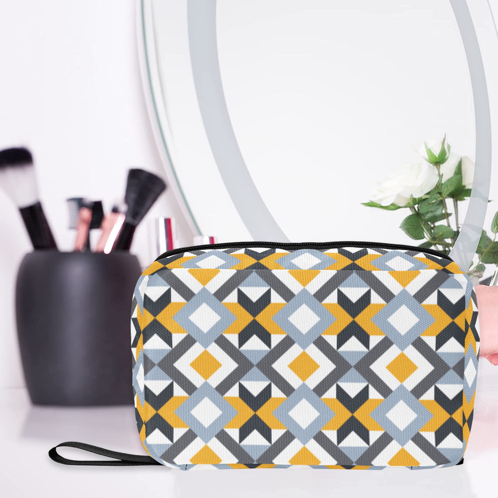 Retro Angles Abstract Geometric Pattern Toiletry Bag with Hanging Hook (Model 1728)