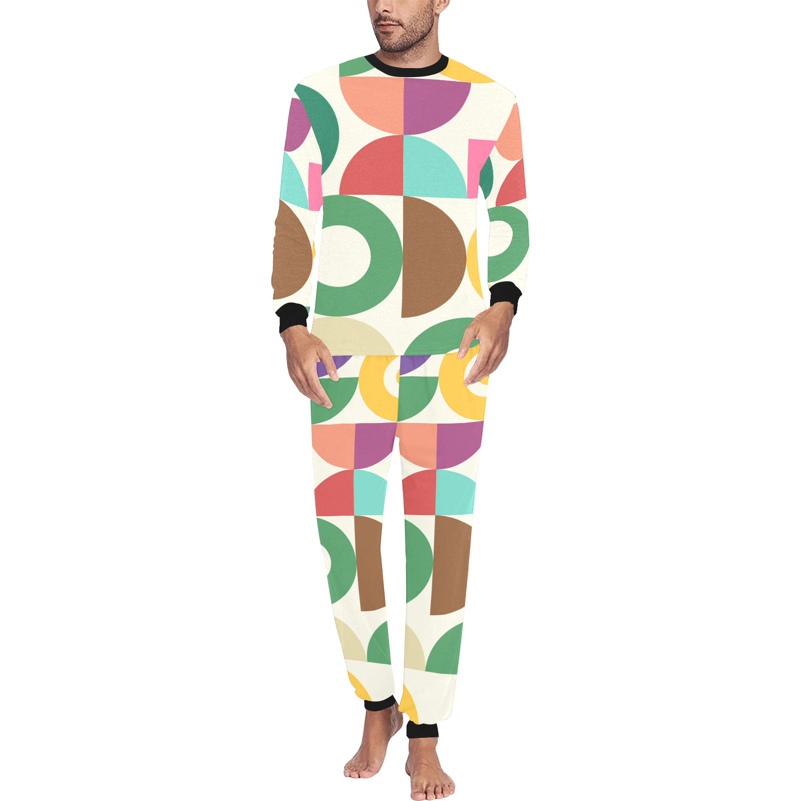 Retro Semi Circle Bauhaus Textile Pattern Men's All Over Print Pajama Set