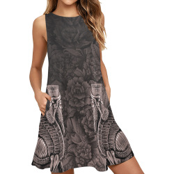 Lamassu classic Assyrian Art Sleeveless A-Line Pocket Dress (Model D57)